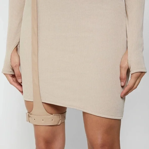 Maniere De Voir NWT Beige Cutout 2-Piece Ribbed Knit Mini Dress - Picture 6 of 8